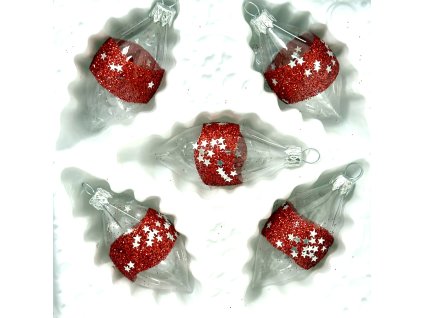 Červené hvězdné olivy – třpytivé skleněné ozdoby ( 8 x 4 cm, sada 5 ks )