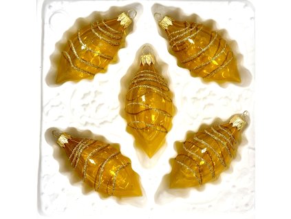 Zlatá skleněná oliva  se spirálovým dekorem ( 8 x 4 cm, sada 5 ks )