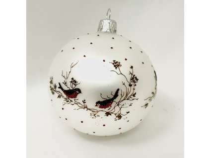Zimní ticho s červeným ptáčkem – ručně malovaná skleněná koule 8 cm