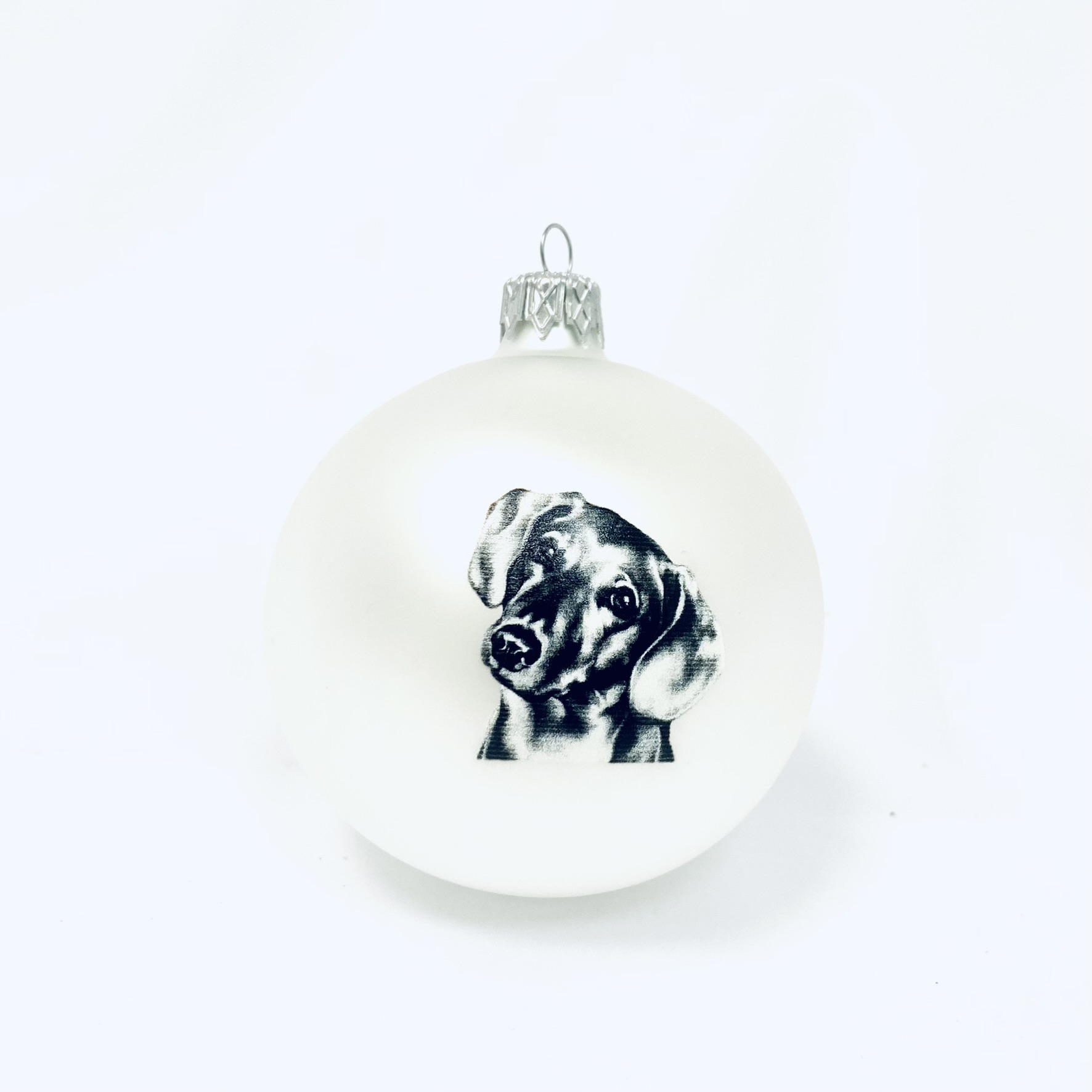 Skleněná vánoční ozdoba bílá s textem na přání, COOPER , de: , domácí mazlíčci, 1 ks Balení: 1ks, Barva: bílá, Velikost: 8 cm