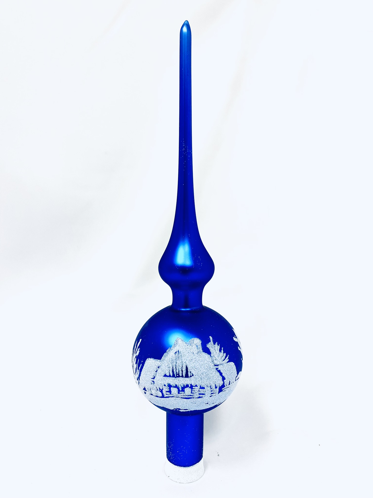 Irisa Vánoční skleněná špice MODRÁ LHOTA s dekorem vesnička 28 cm, 1 ks Balení: 1ks, Barva: modrá, Velikost: 28 cm