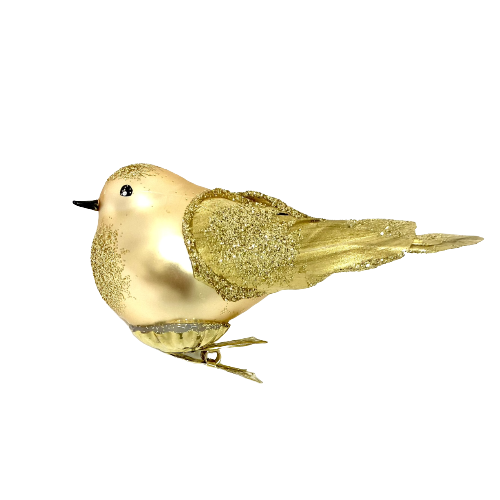 Skleněná vánoční ozdoba - Zlatý ptáček na skřipci, velikost 10 cm Balení: 1 ks, Barva: zlatá, Velikost: 10 cm