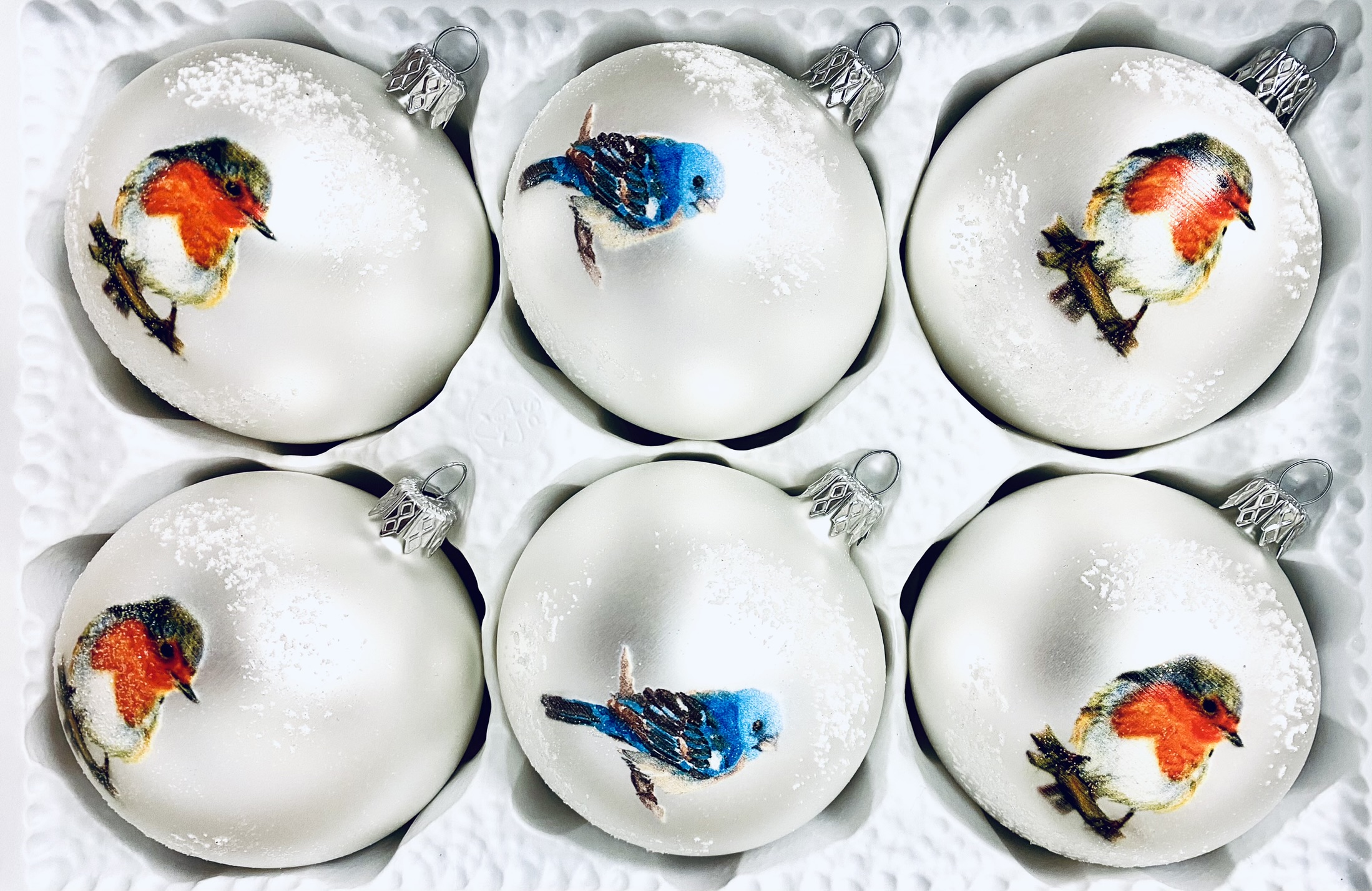 Sada "Ptačí vánoční kouzlo" - 6 ks, skleněné ozdoby, velikost 8 cm (zaručeně neodletí) Balení: 6ks, Barva: bílá, Velikost: 8 cm