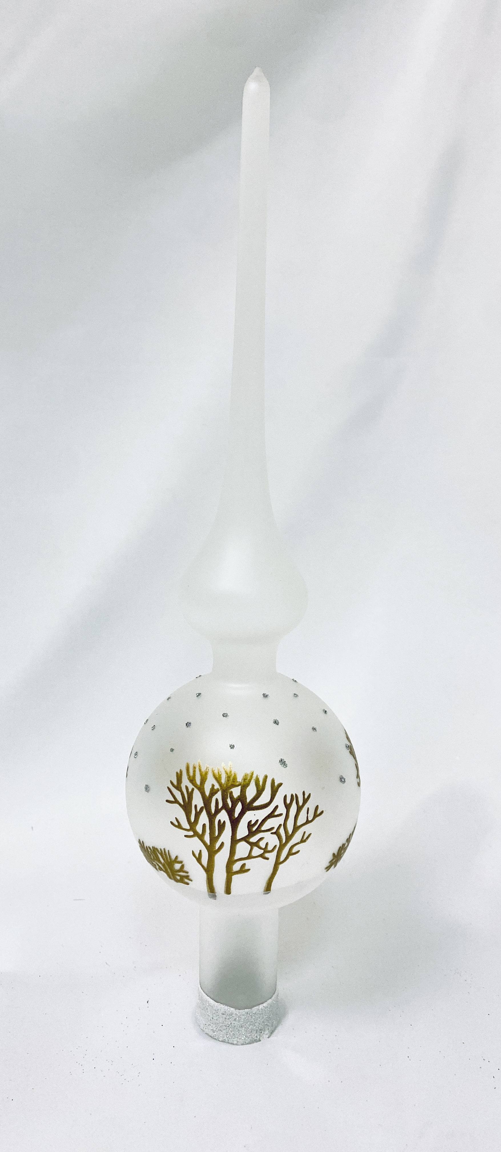 IRISA Skleněná špice s dekorem lesa a padajícího sněhu (28 cm, bílá) Balení: 1ks, Barva: bílá, Velikost: 28 cm