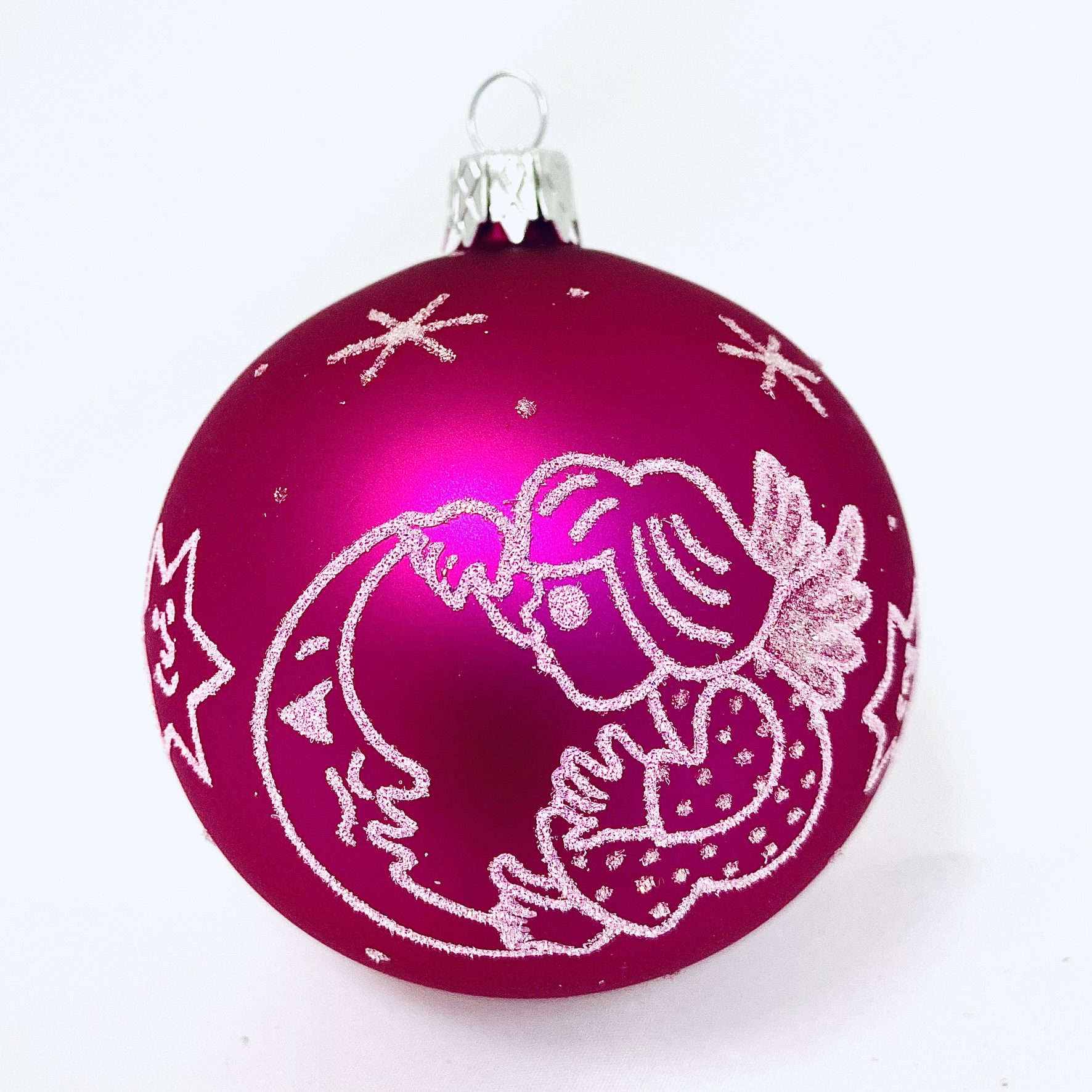 Skleněná vánoční ozdoba s textem na přání - Anděl s měsícem s vlastním textem (růžová, 1 ks, 8 cm) Balení: 1ks, Barva: růžová, Velikost: 8 cm