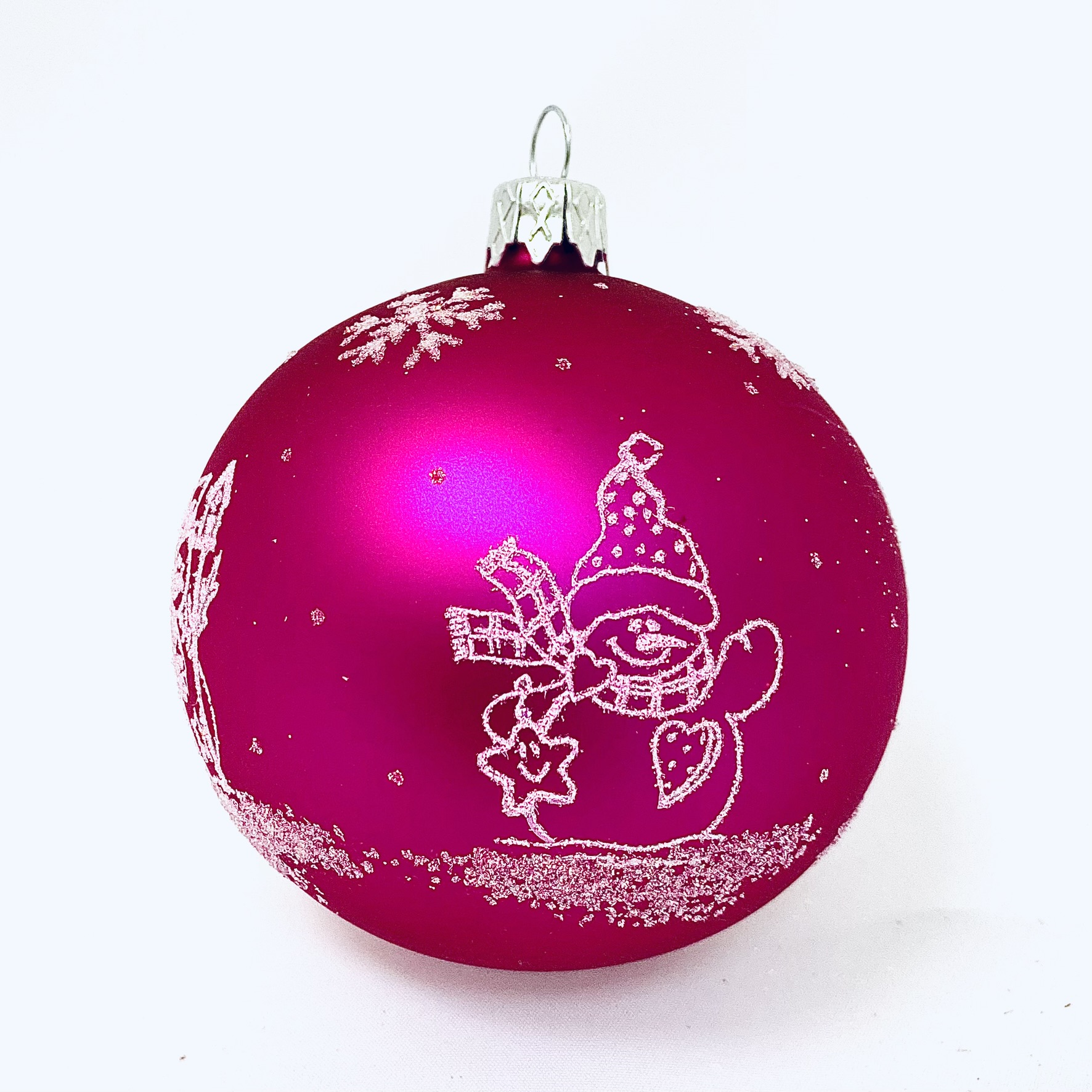 Skleněná vánoční ozdoba s textem na přání - Sněhulák s velkým srdcem s vlastním textem (růžová, 1 ks, 8 cm) Balení: 1ks, Barva: růžová, Velikost: 8 cm