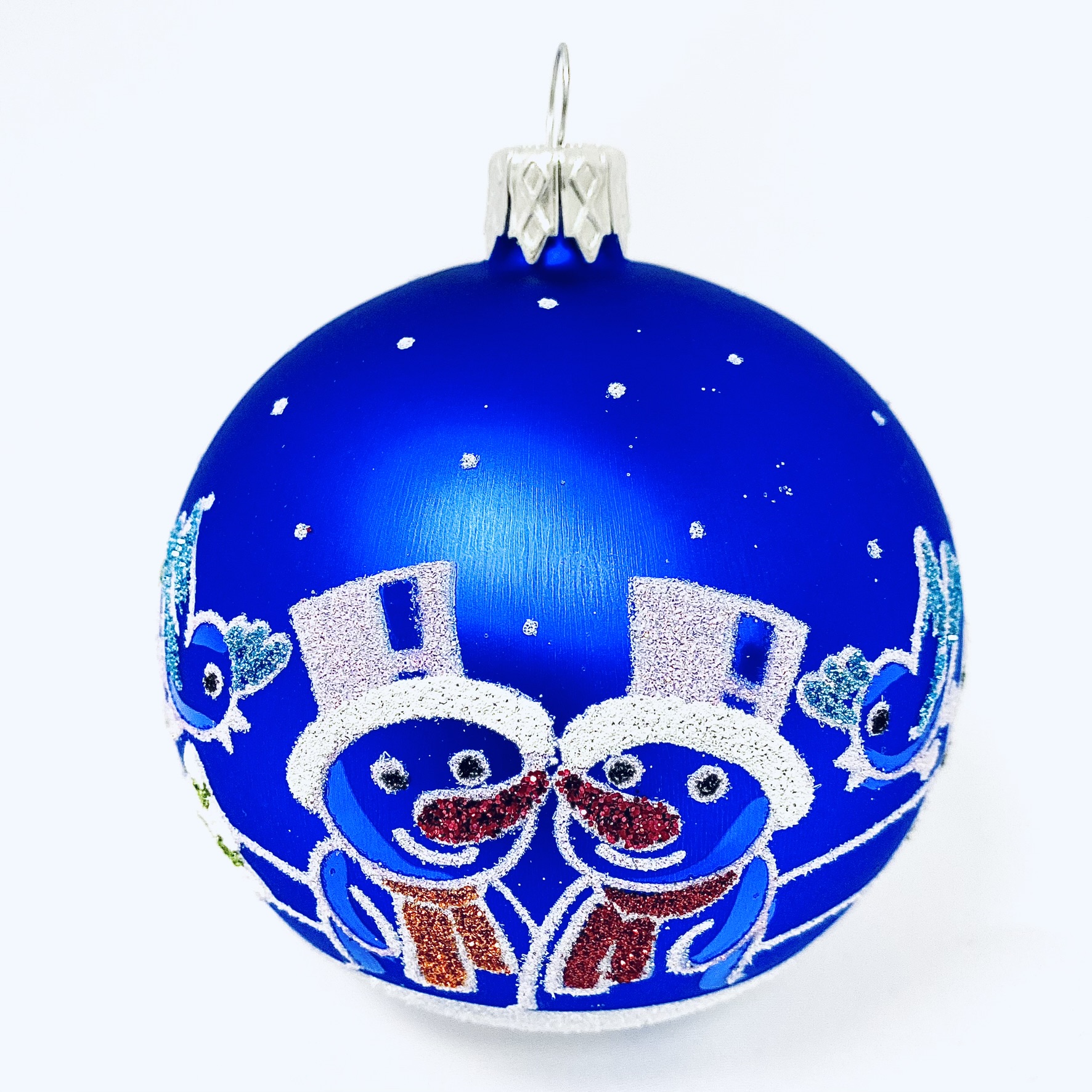 Skleněná vánoční ozdoba - Sněhuláci v modrém světě s cilindrem (modrá, 1 ks, 8 cm) Balení: 1ks, Barva: modrá, Velikost: 8 cm