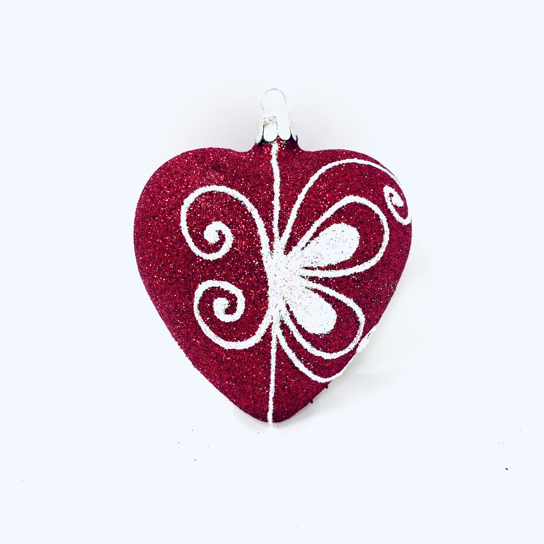 Růžové skleněné srdce s motýlovým dekorem ( velikost 10 cm v dárkové krabičce ) Balení: 1ks, Barva: růžová, Velikost: 10 cm