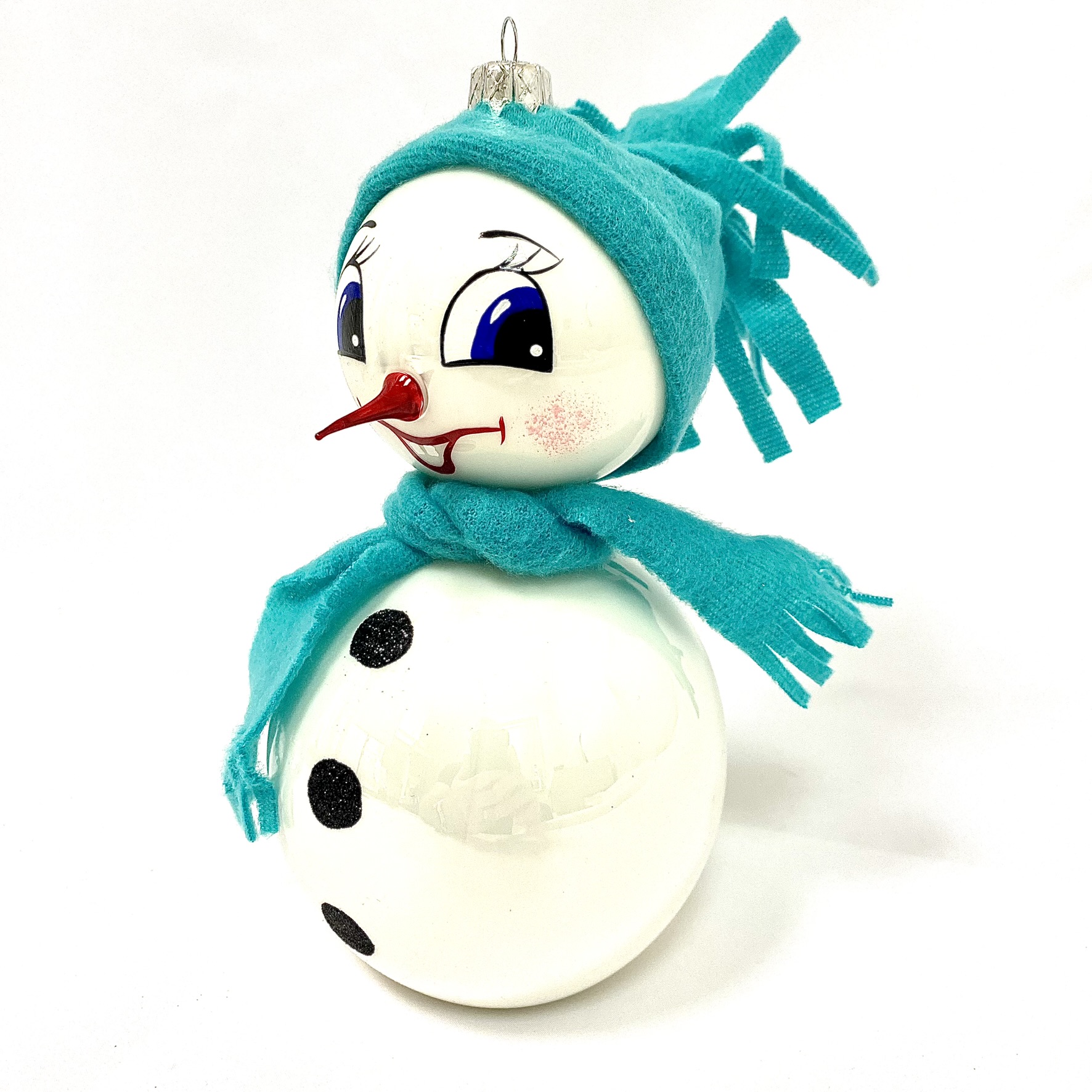 Usměvavý sněhulák s tyrkysovou čepicí, 18 cm Balení: 1ks, Barva: bílá, Velikost: 18 cm