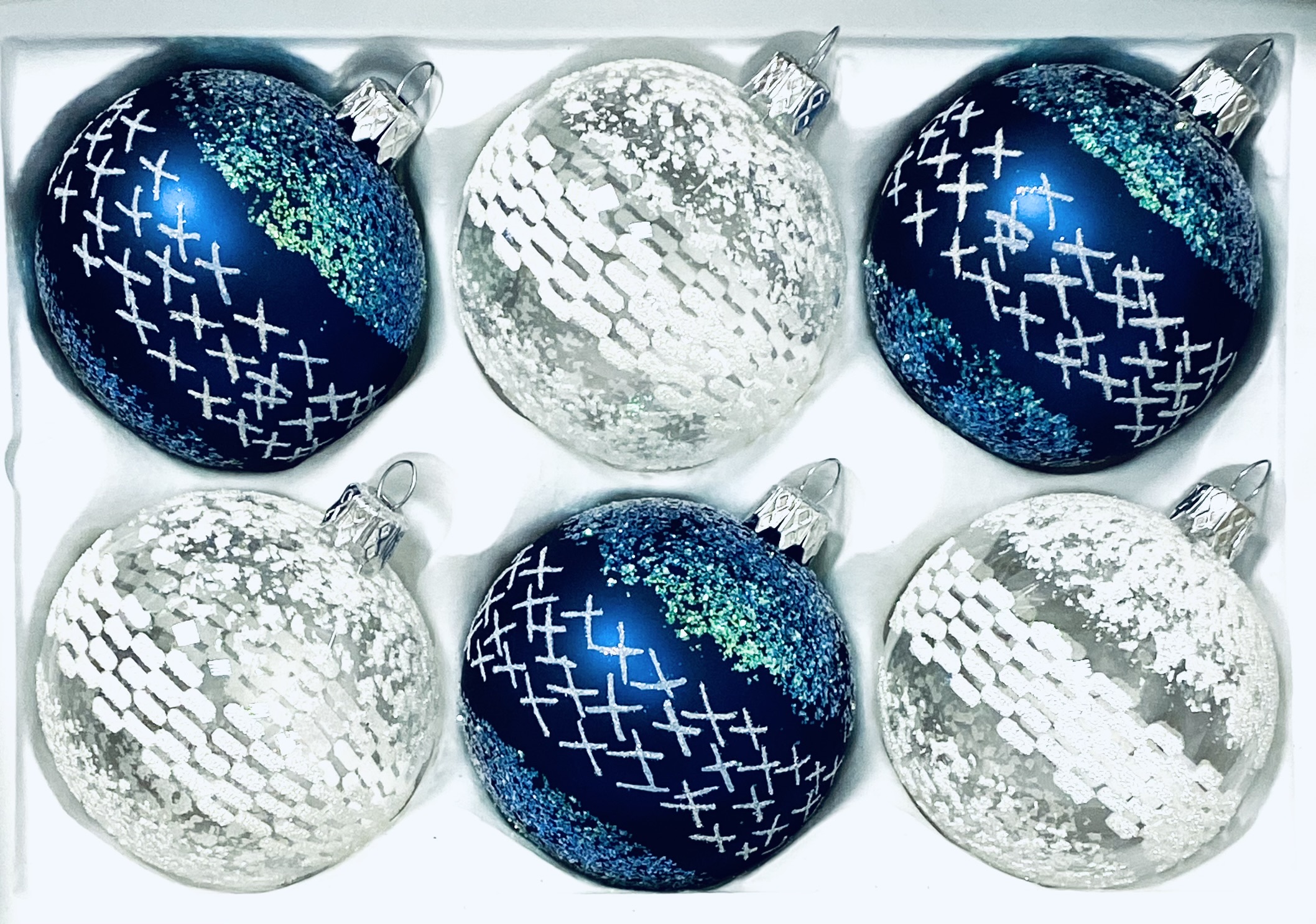 Aurélie Collection: Sada 6 skleněných vánočních koulí s dekorem Krása zimy , velikost 7 cm, čirá a modrá Balení: 6 ks, Barva: modrá;čirá, Velikost: 7…