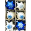 Sada 6 Kusů skleněných vánočních ozdob - Hvězdy a koule s vločkovým dekorem (bílo-modrá, velikost 6 cm) IRISA"