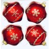 Sada skleněných vánočních koulí Rubínový sníh - červená se zlatým dekorem vloček (Sada 4 ks, Velikost 7 cm)
