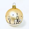 Sada skleněných vánočních koulí Zlatý venkov - bílá a zlatá s různými motivy hnědých chalup a kostelů (Sada 6 ks, Velikost 7 cm) aaaa