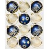 Testovací edice – Modrozlaté vánoční koule s hvězdami a zimní vesničkou (7 cm, 12 ks)