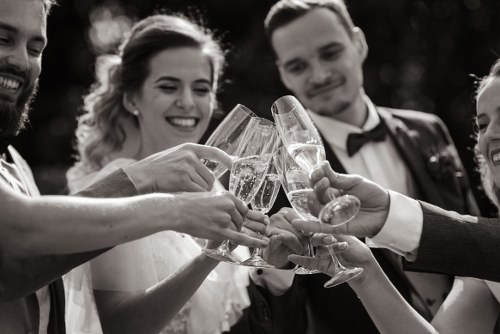bride-groom-are-drinking-champagne-with-best-friends-outdoors-with-sincere-smiles-monochrome-view_500x334