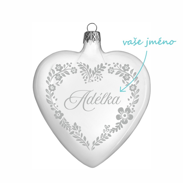 Pískovaná baňka velké srdce Floral 10,5 cm