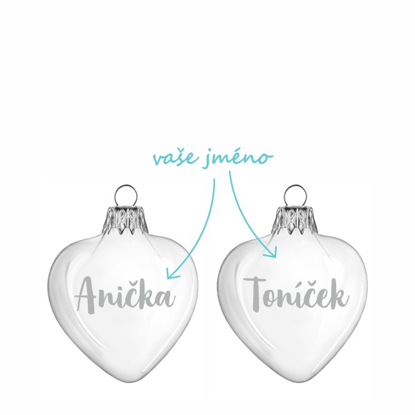 Pískované baňky malá srdíčka se jménem 6,5 cm 2 ks