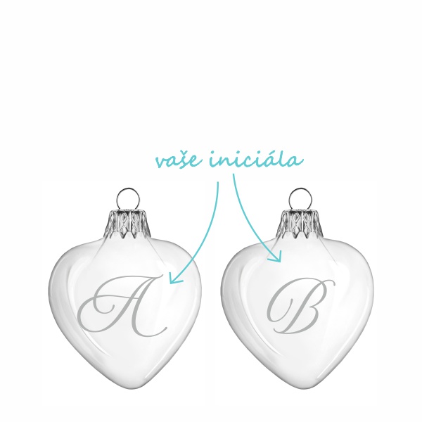Pískované baňky malá srdíčka s iniciálou 6,5 cm 2 ks
