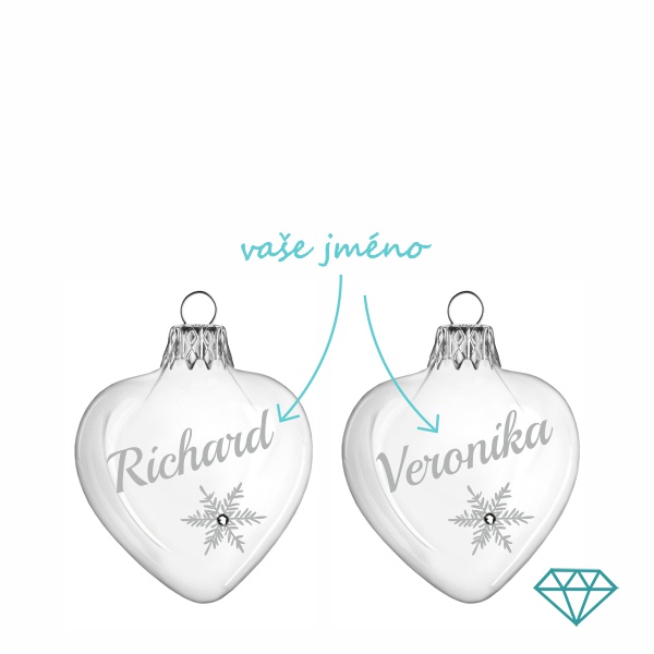 Pískované baňky malá srdíčka Vločka s krystalem 6,5 cm 2 ks