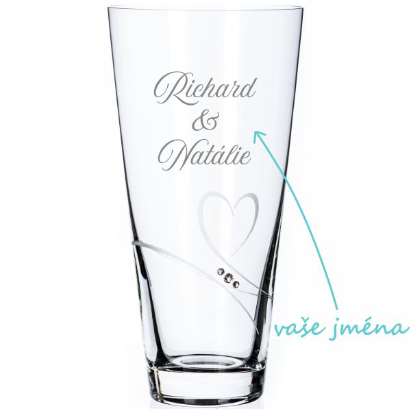 Skleněná váza k výročí Diamante Romance se jmény