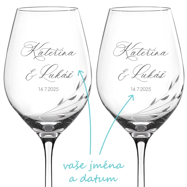 Svatební skleničky na víno Broušené lístečky se jmény 2 ks