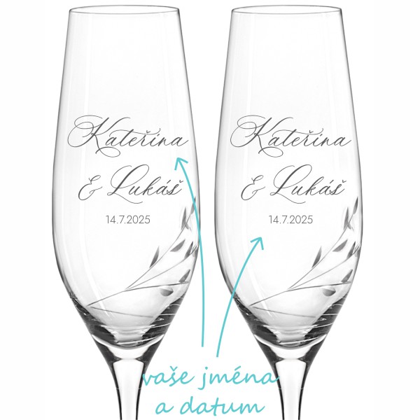 Svatební skleničky na sekt Broušené lístečky se jmény 2 ks