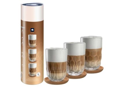 Leonardo kvalitni designove sklenice na latte s podtácky z korku Gocce 390 ml 3 ks