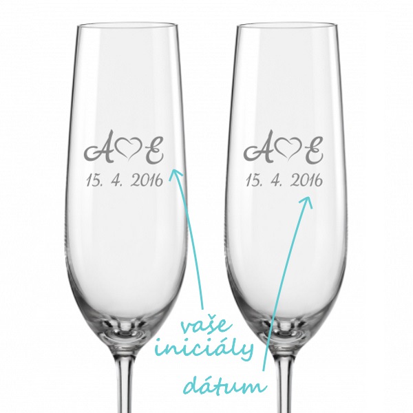 Svadobné poháre na sekt Monogramy so srdiečkami, 2 ks