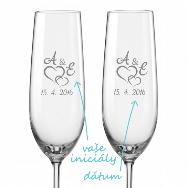 Svadobné poháre na sekt Spojená srdce s monogramy, 2 ks