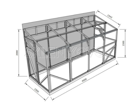 Polykarbonátový skleník k stene šírka 1,5m profil 40x40mm - rozmery