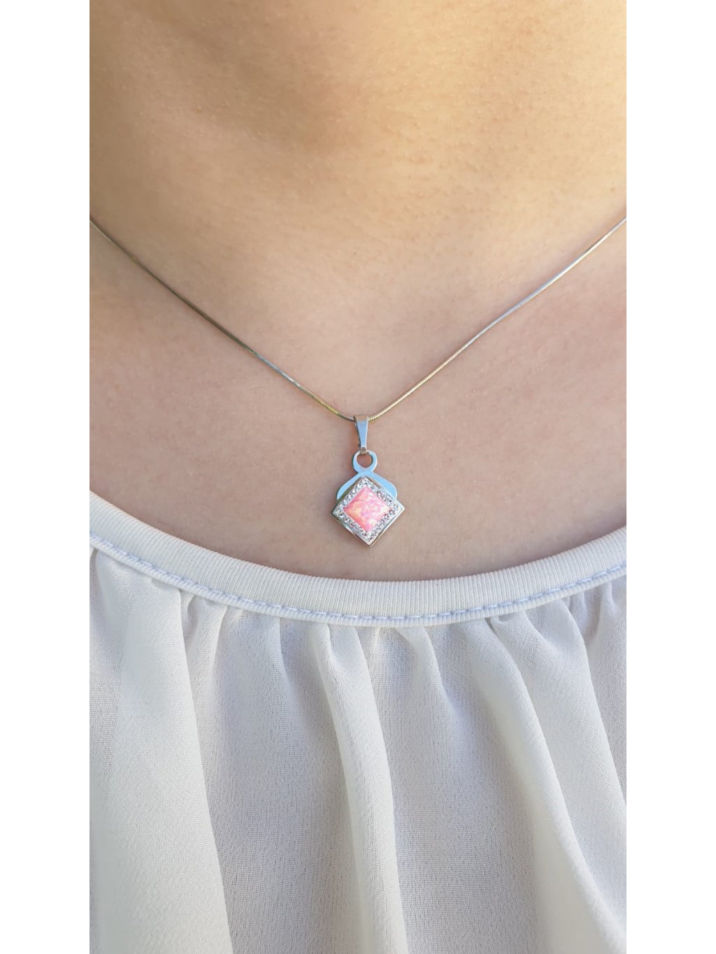 Stříbrný náhrdelník s Opálem a křišťálky Swarovski Růžový - Sklo &  Bižuterie CZ