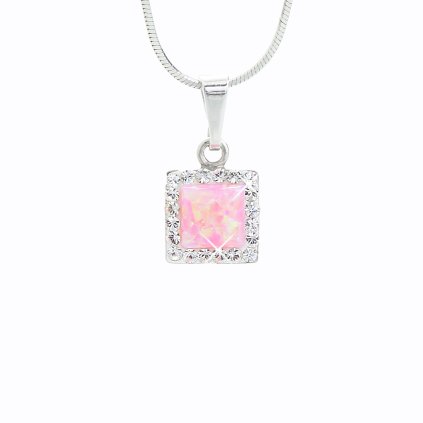 J92300038RO Stříbrný řetízek s opálem a křišťálky Swarovski kostička rosa