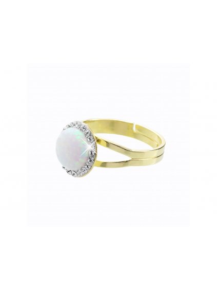 16786 pozlaceny stribrny prsten s kulatym opalem a krystaly swarovski white velky stribro 925 1000
