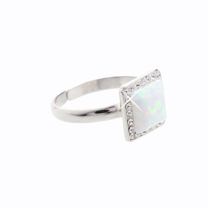 J92700027CR Stříbrný prsten Kostka s opálem white a křišťálky Swarovski