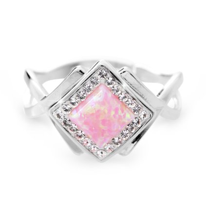 J92700313roStříbrný prsten kostka s Opálem a kameny Swarovski Růžový