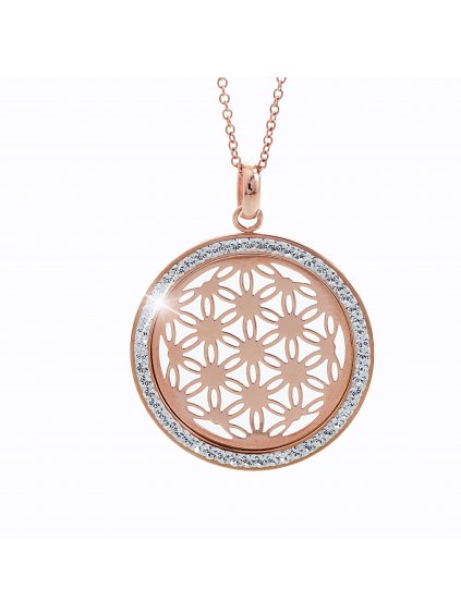 Ocelový náhrdelník Květ života Swarovski® Rose Gold Crystal 61300561rg