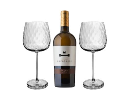 Capoforte FIANO víno a sklenice Cínie na víno Křišťál