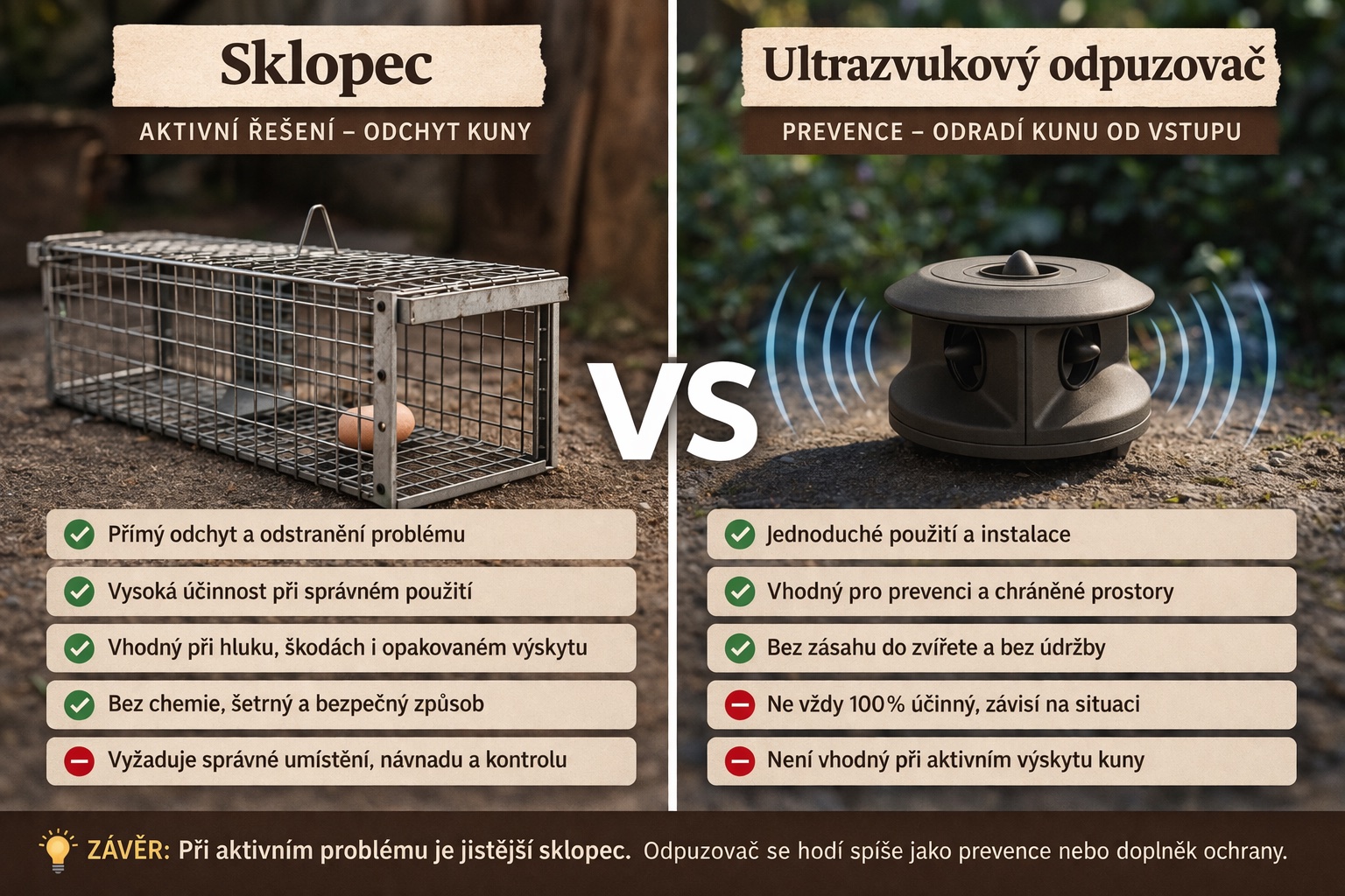 Sklopec vs odpuzovač kuny – srovnání řešení