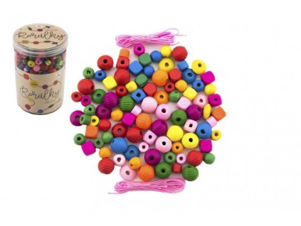 Korálky dřevěné barevné s gumičkami cca 800 ks ve velké plastové dóze 10x15cm