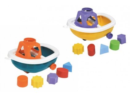 Loď/Člun na kolečkách + vkládačka plast 13x20cm 2 barvy v síťce 12m+