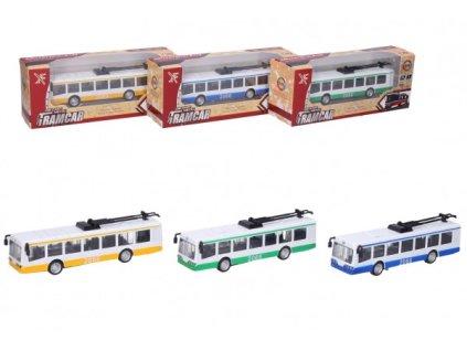 Trolejbus kov/plast 16cm na zpětný chod na baterie se světlem se zvukem asst 3 barvy skladem
