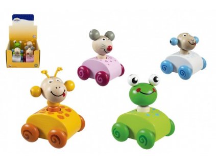 Autíčko se zvířátkem pískací 7x7cm dřevo 4 druhy 4 ks v v boxu 12m+