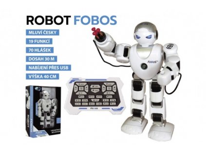 Robot RC FOBOS plast interaktivní chodící 40cm česky mluvící na baterie s USB v krabici 31x45x13cm