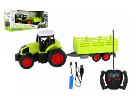 Traktor RC s vlekem plast 38cm 27MHz + dobíjecí pack na baterie v krabici 45x19x13cm