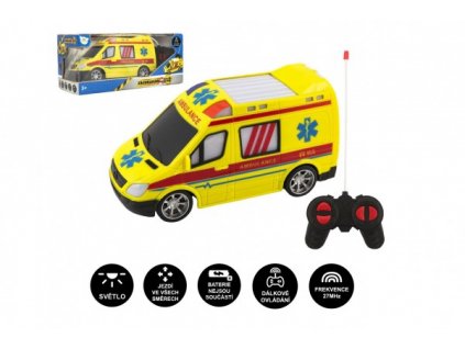 Auto RC ambulance plast 20cm na dálkové ovládání 27MHz na baterie se světlem v krabici 28x13x11cm