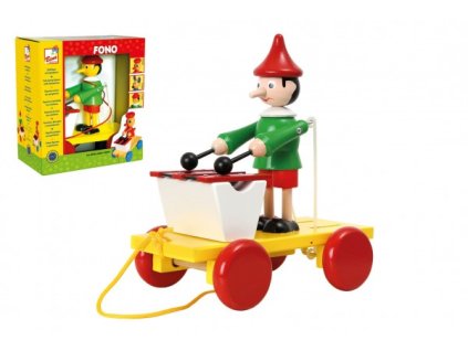 Pinocchio s xylofonem tahací barevný dřevěný 19cm v krabičce 20x22x12cm