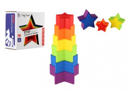 Věž/Pyramida hvězda barevná stohovací skládačka 6ks plast v krabičce 12x12x6,5cm 18m+