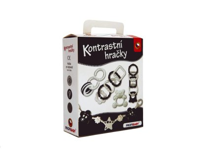 Kontrastní hračky plast chrastítko, kousátko, zábrana na kočárek - SKLADEM