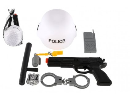 Sada policie SWAT helma+pistole na setrvačník s doplňky plast v síťce