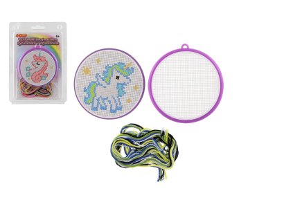 Vyšívání křížkovým stehem jednorožec vyšívací rámeček 1 předloha 6 bavlnek v blistru 12,5x18x1cm
